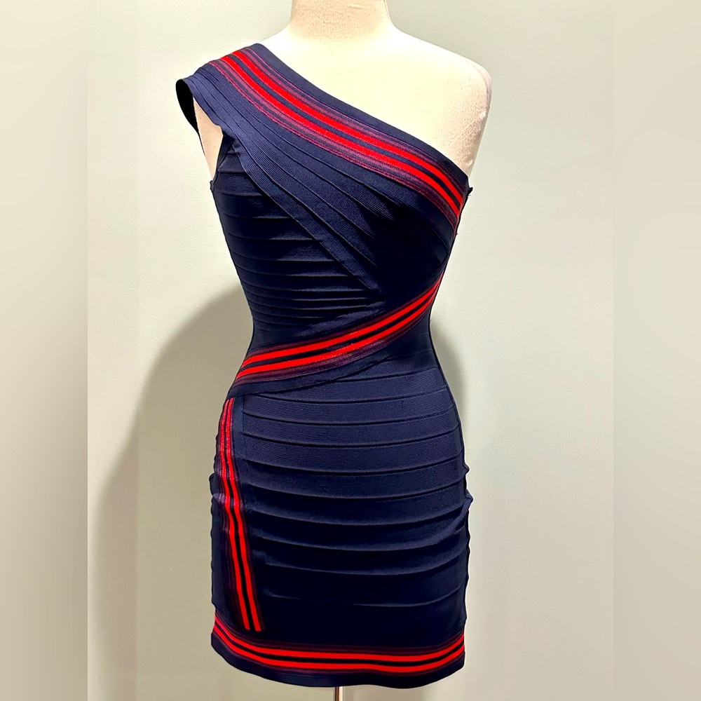Herve Leger One Shoulder Striped bandage dress navy with red accents